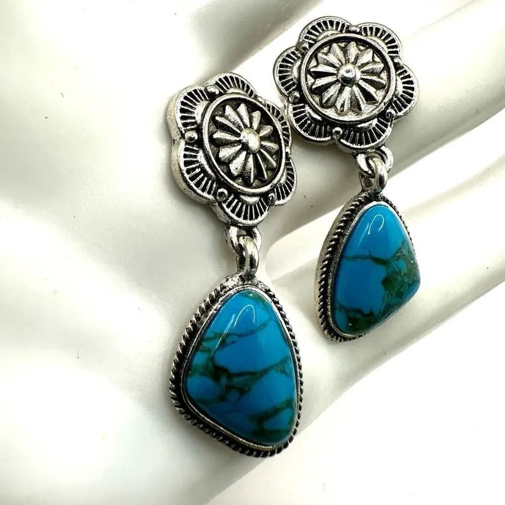 Silver tone faux turquoise drop post earrings
